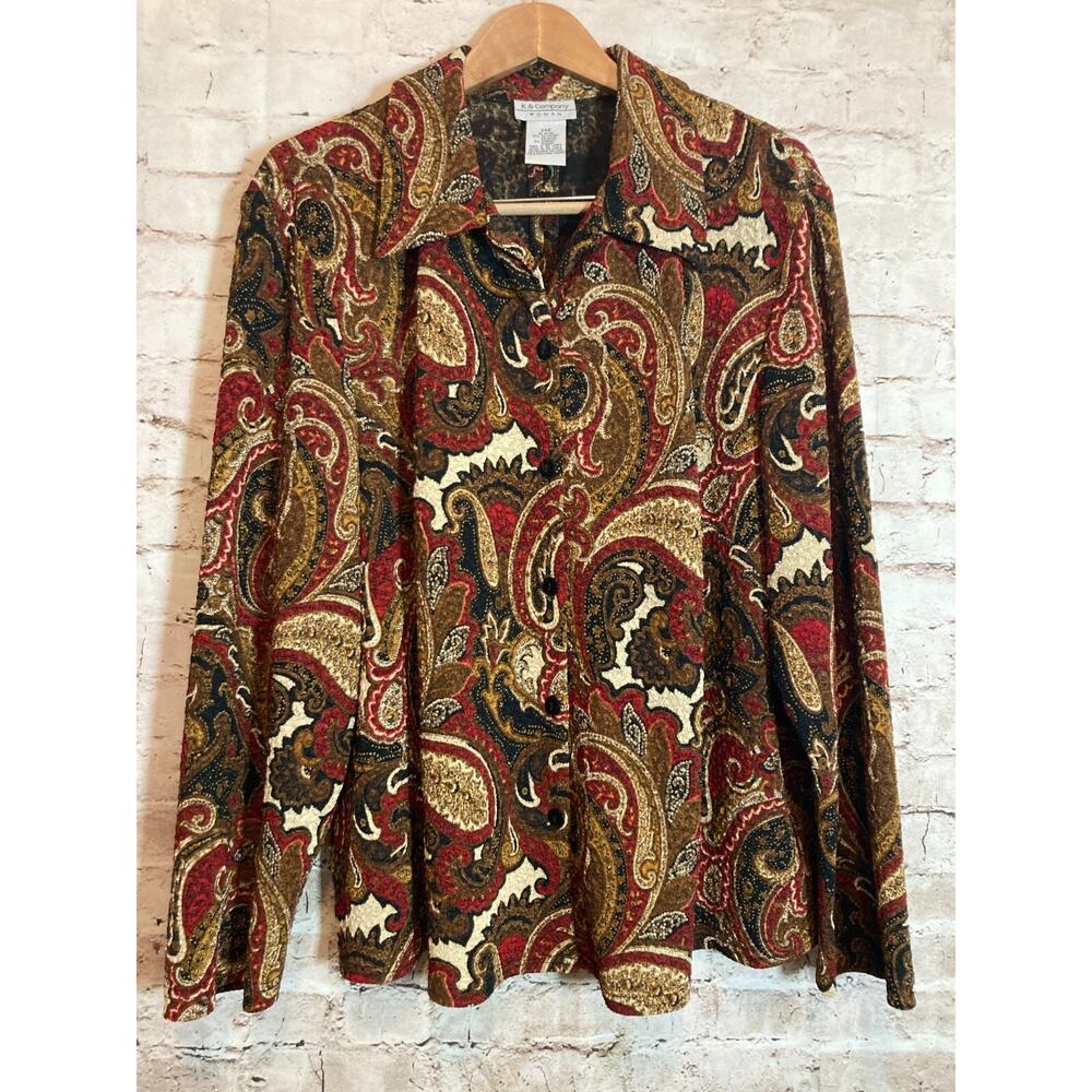 K & Company Top Womens 24W Rust & Maroon Paisley Button Up‎ Slinky Stretch Plus